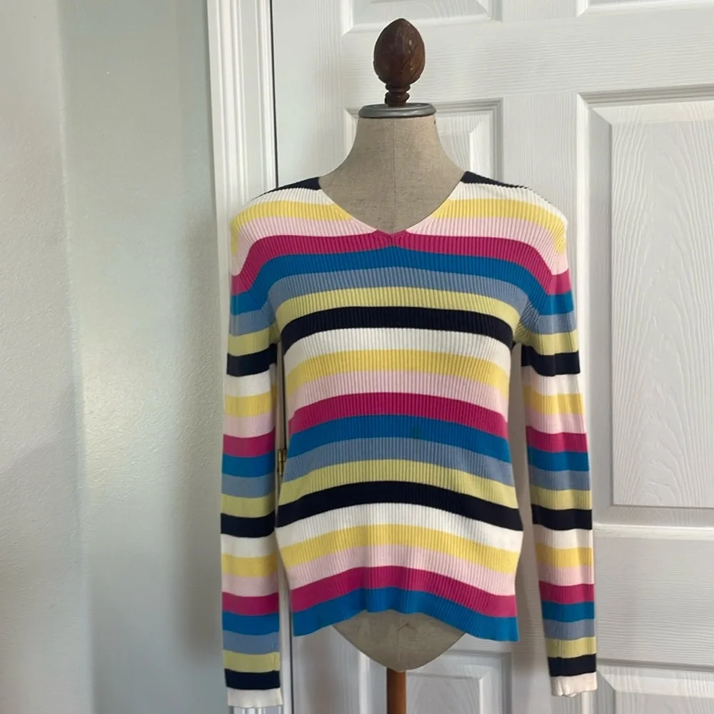 Vintage Y2K striped long sleeve sweater V-neck 100% cotton V-neck size M - Picture 1 of 9